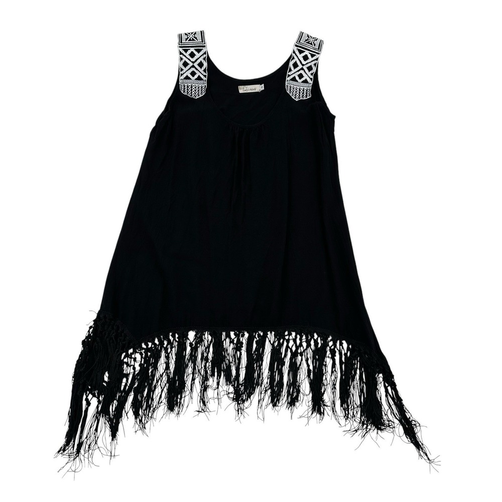 Lady's World Black Boho Fringe Tank Top Embroidered Straps Festival Summer Small